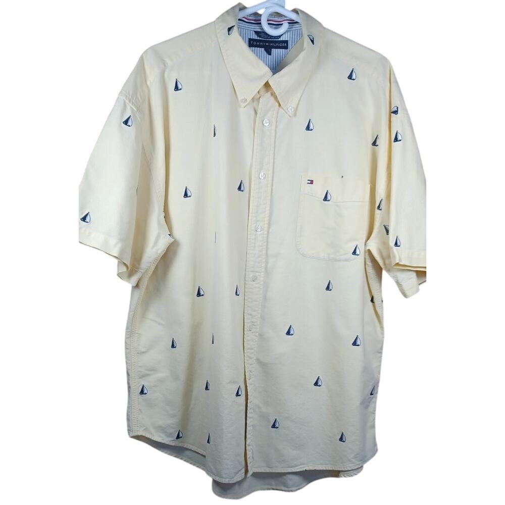 Tommy Hilfiger Men's XXL Yellow Short Sleeve Button Down Shirt Sailboat Nautical